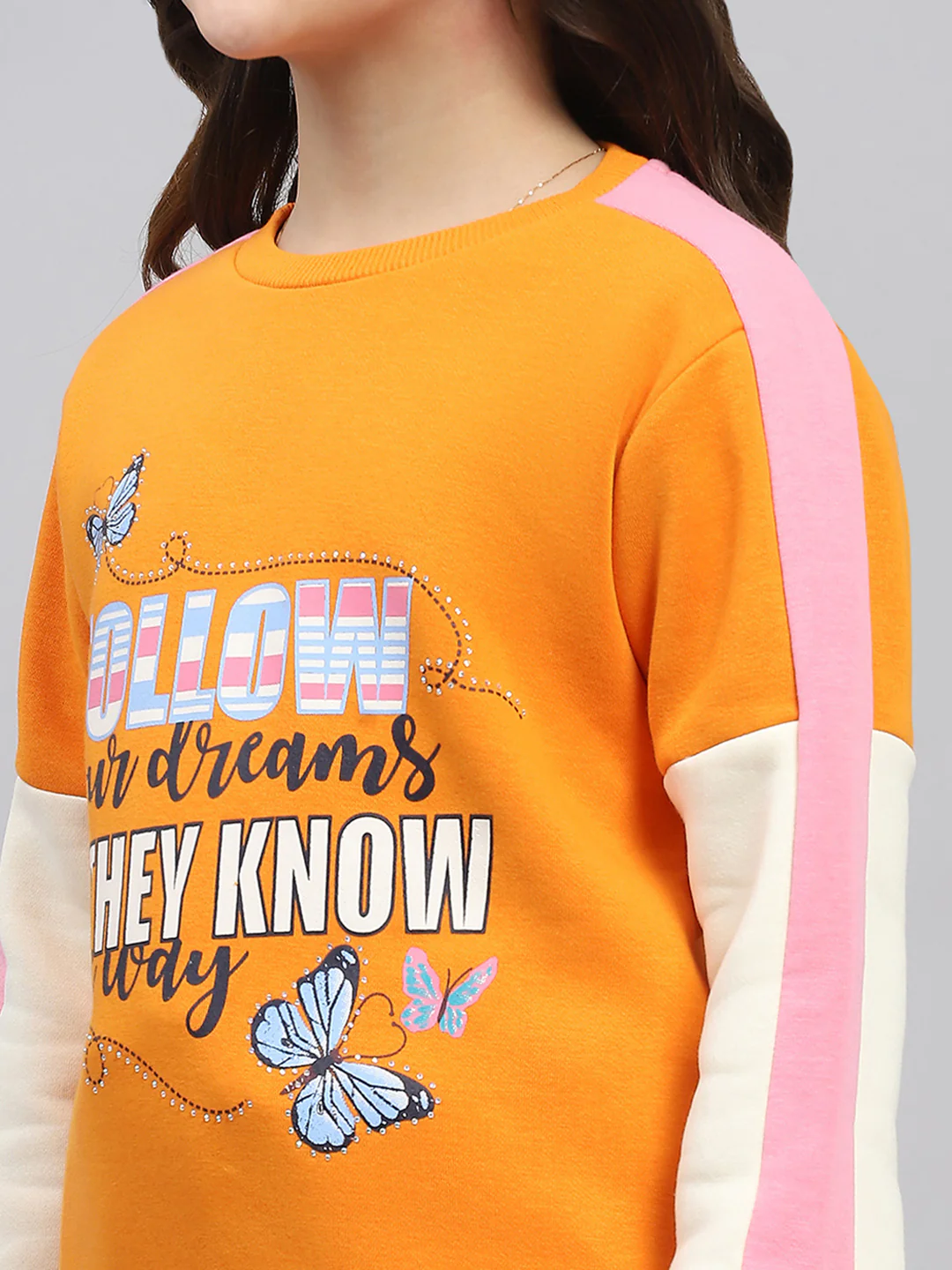 Girls Orange Printed Round Neck Full Sleeve Tracksuit - Image 6