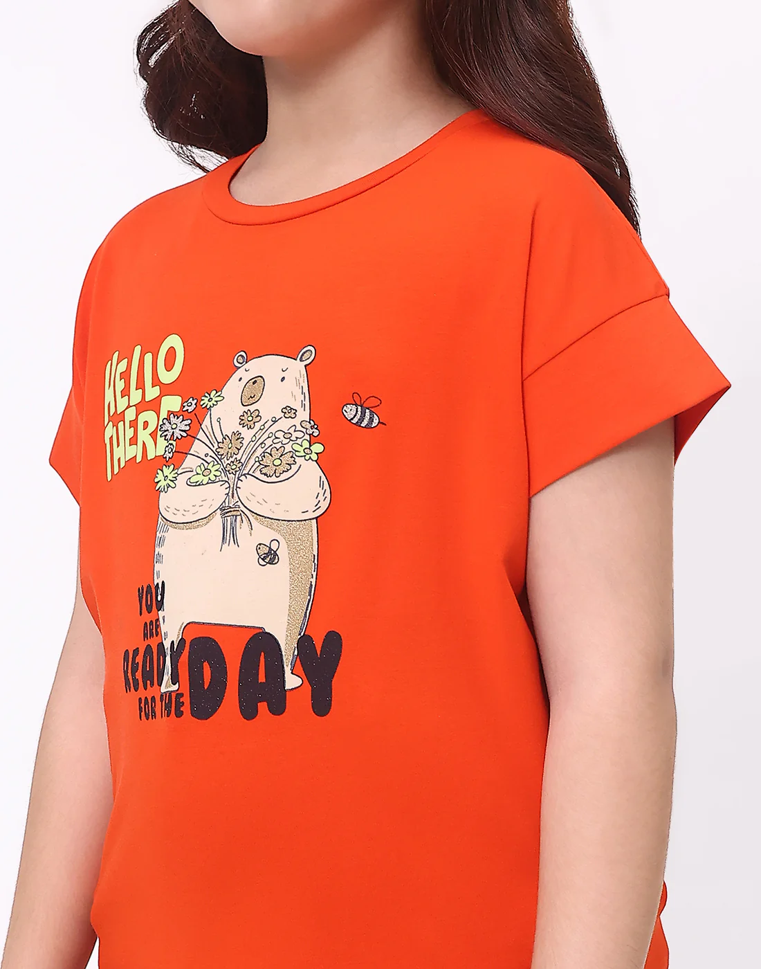 Girls Orange Printed Round Neck Half Sleeve Top - Image 7
