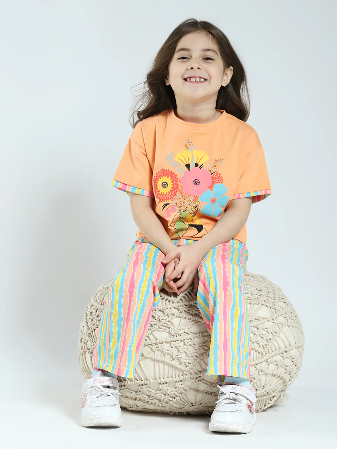 Girls Orange Printed Round Neck Half Sleeve Lower Set - Image 2