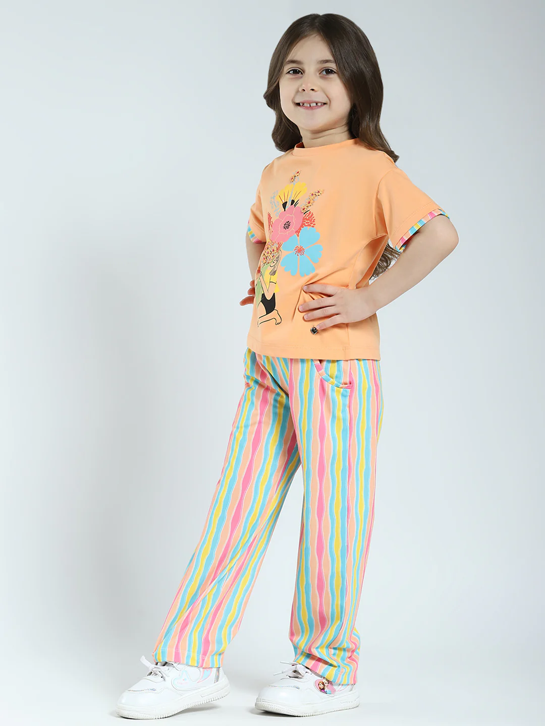 Girls Orange Printed Round Neck Half Sleeve Lower Set - Image 3