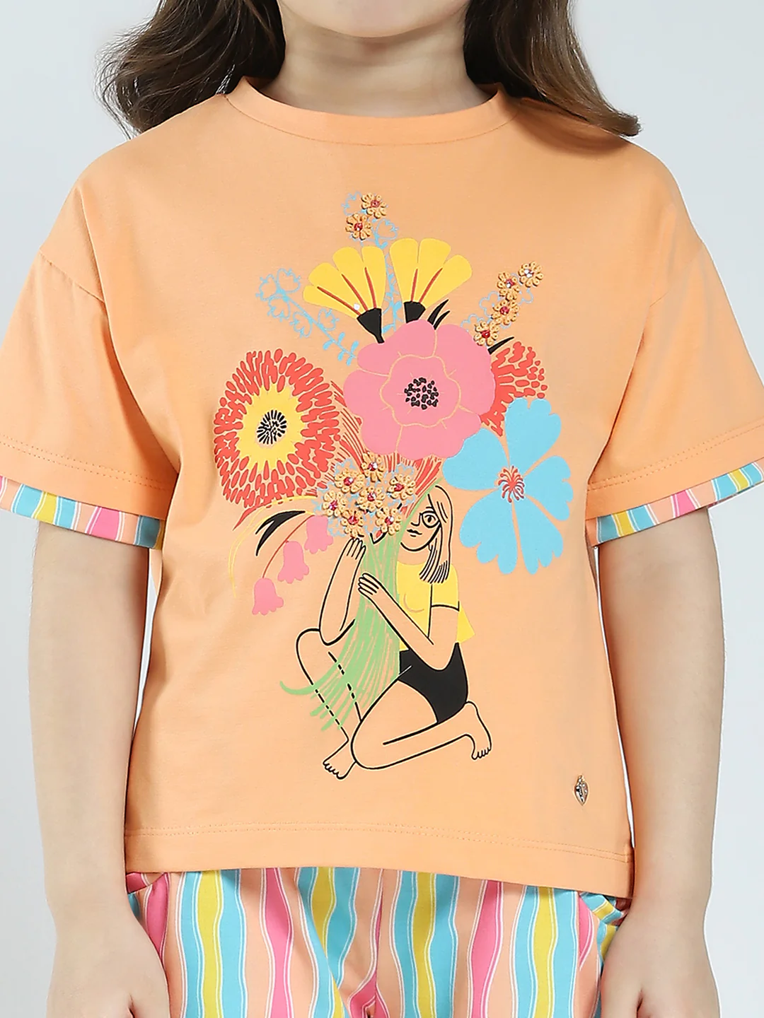 Girls Orange Printed Round Neck Half Sleeve Lower Set - Image 7