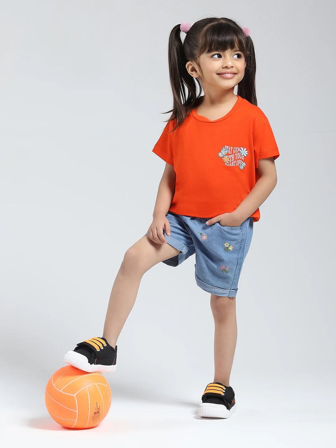 Girls Orange Solid Round Neck Half Sleeve Top - Image 2