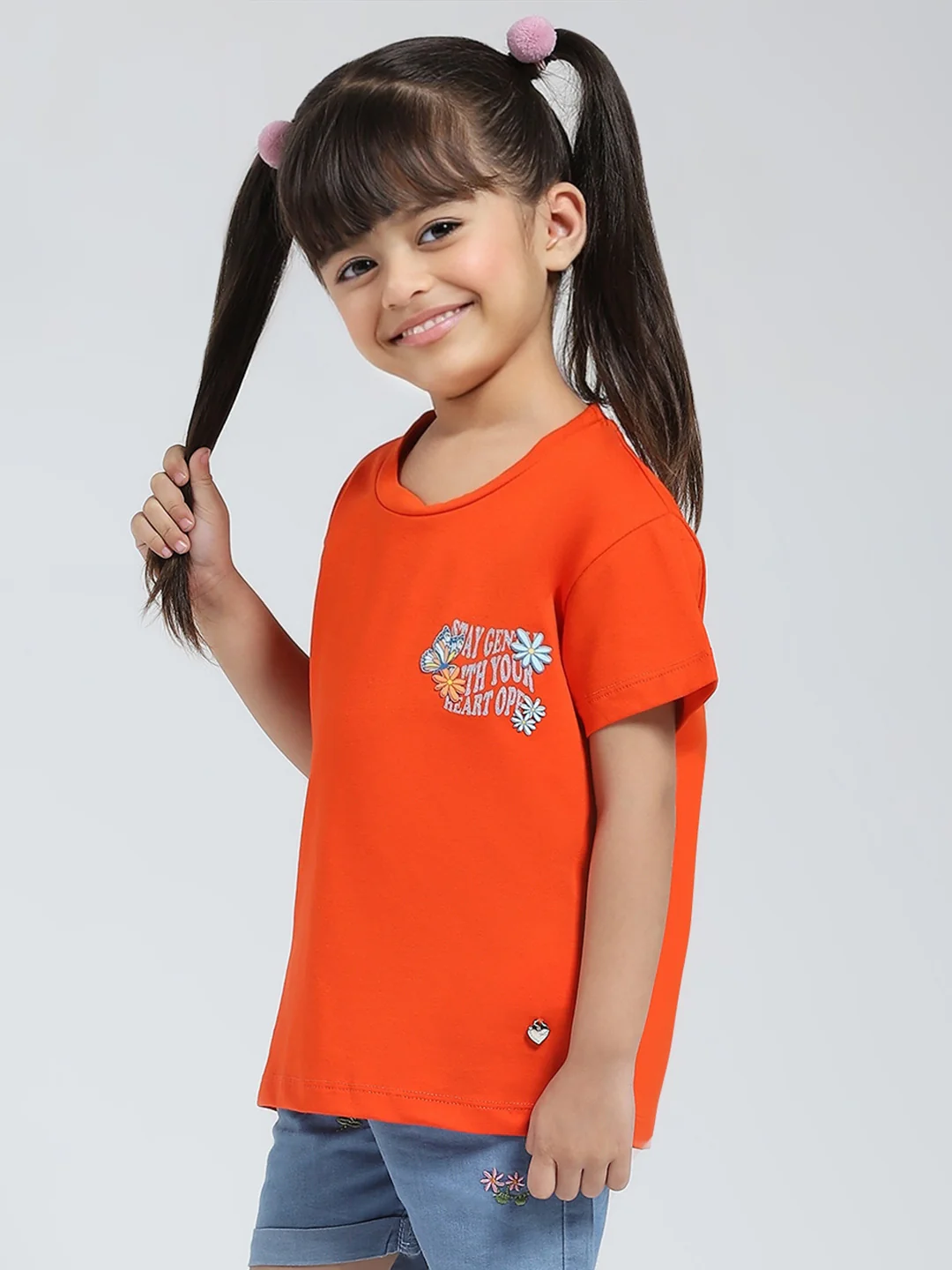 Girls Orange Solid Round Neck Half Sleeve Top - Image 4