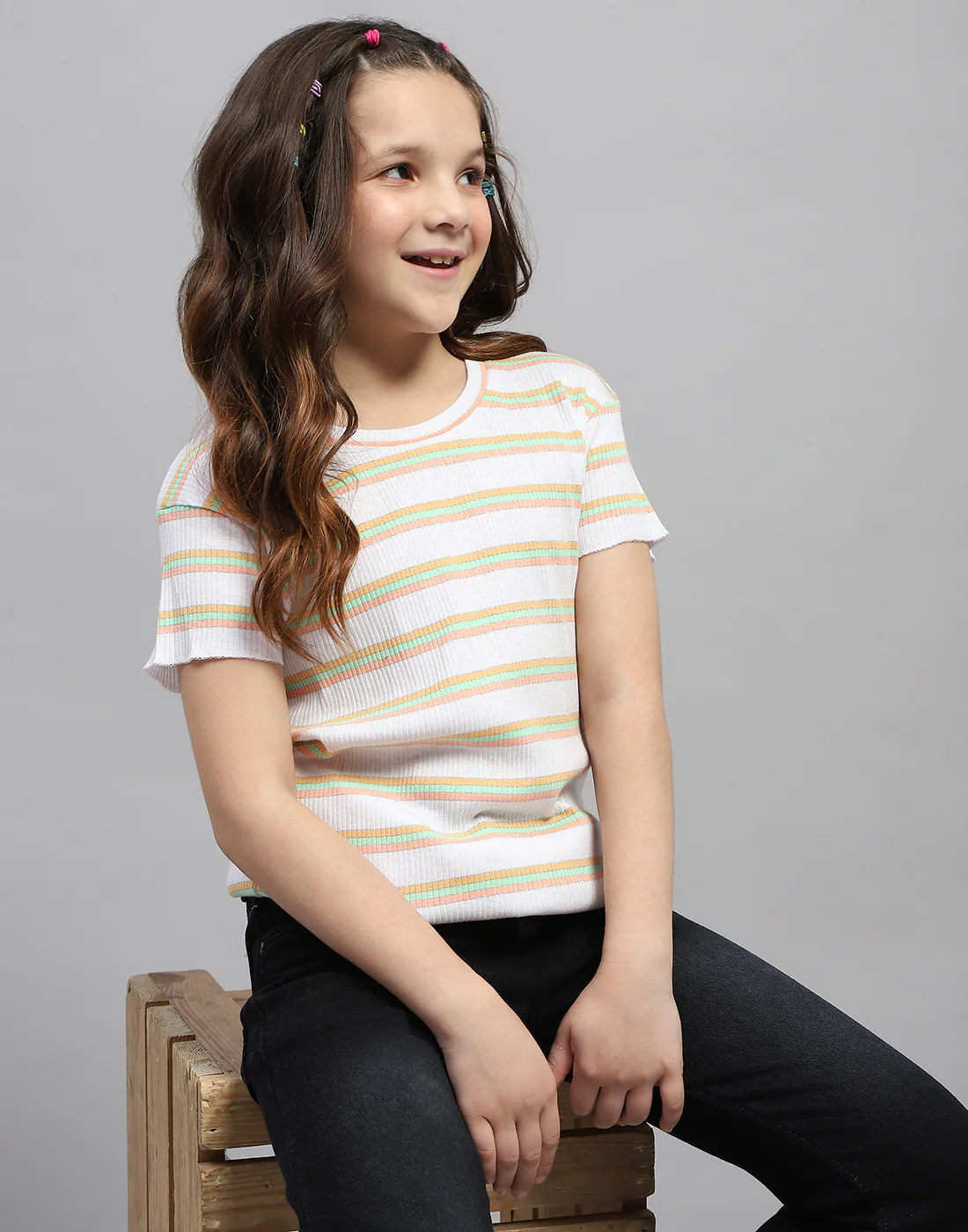 Girls Orange Stripe Round Neck Half Sleeve Top - Image 6