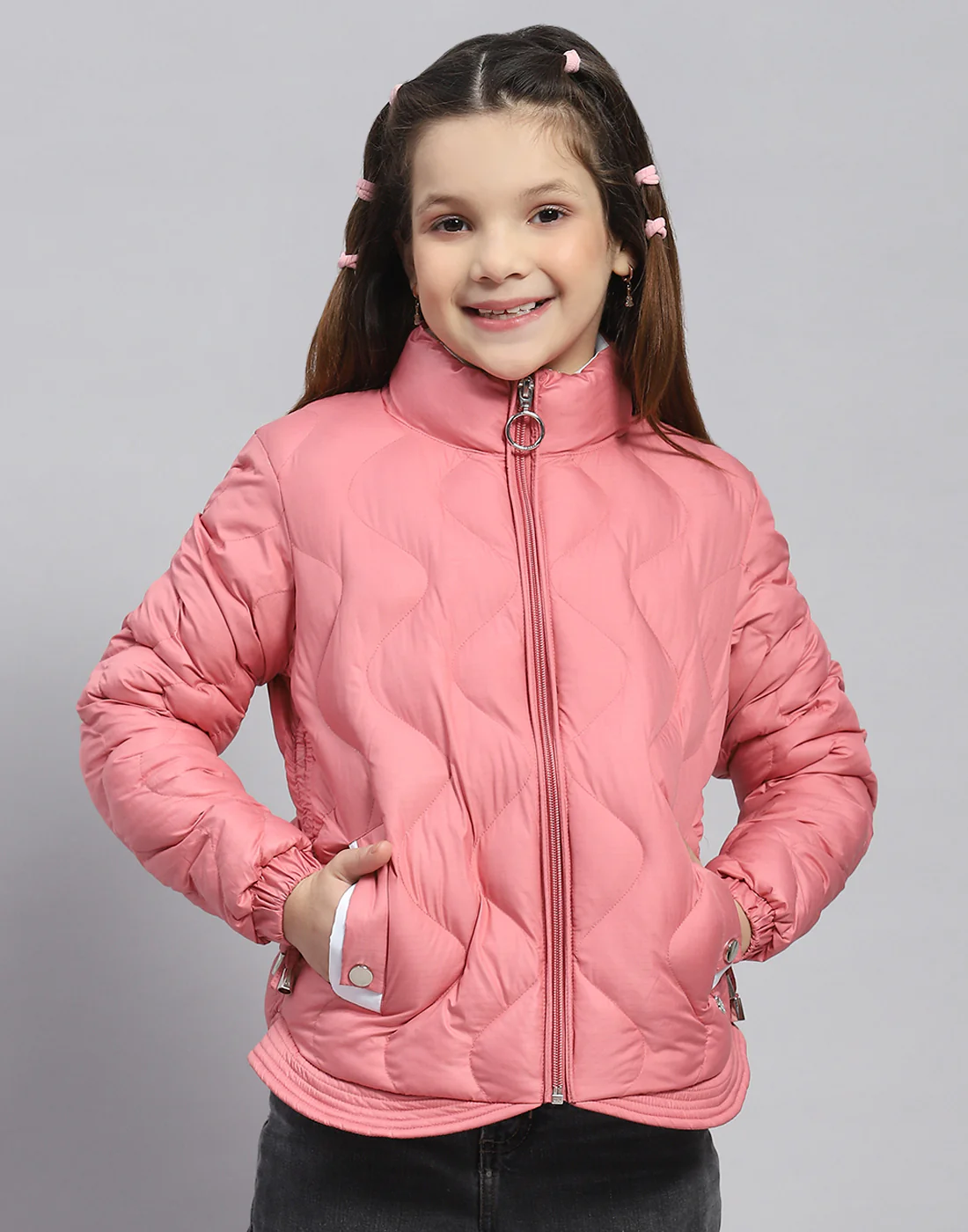 Girls Peach Check Stand Collar Full Sleeve Girls Jacket - Image 2