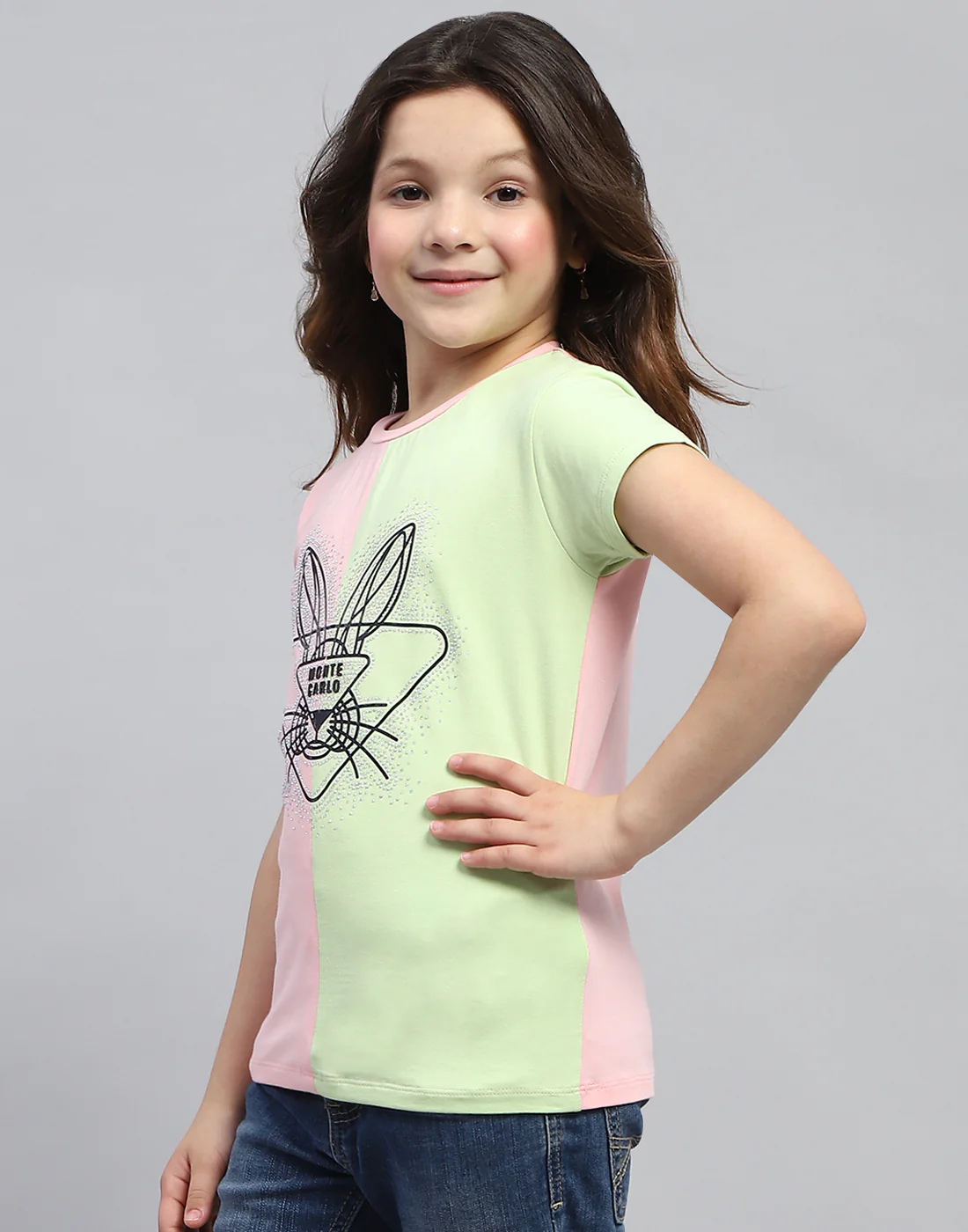 Girls Peach & Green Printed Round Neck Half Sleeve Top - Image 3