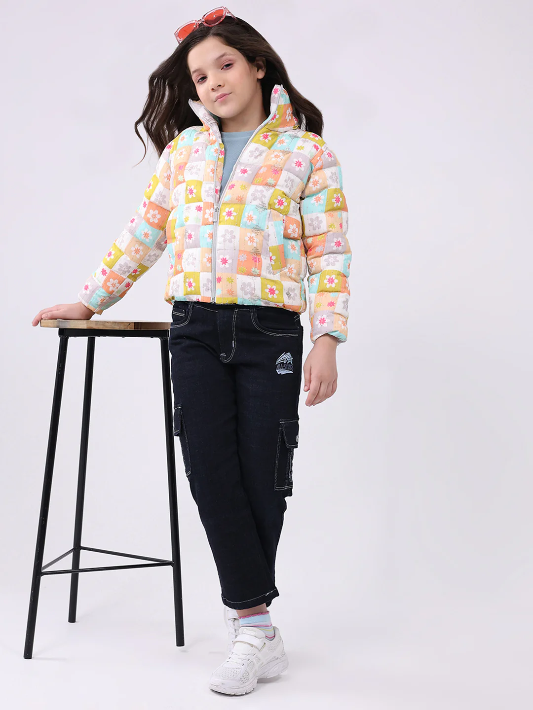 Girls Peach Printed Collar Full Sleeve Jacket - Image 2