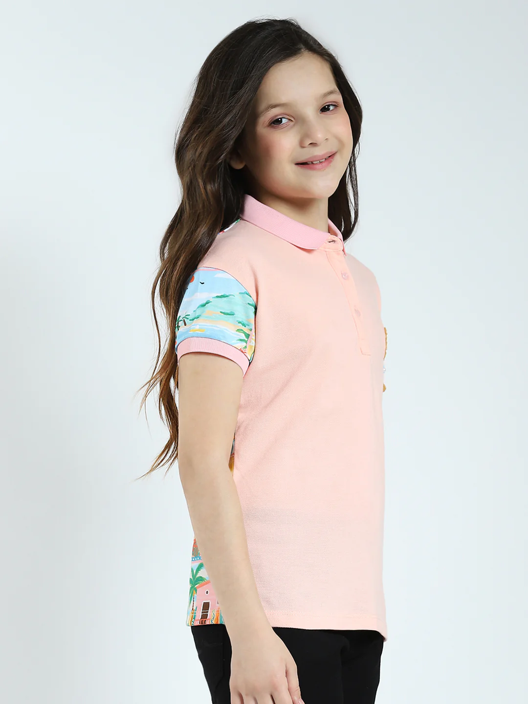 Girls Peach Printed Collar Half Sleeve T-Shirt - Image 4