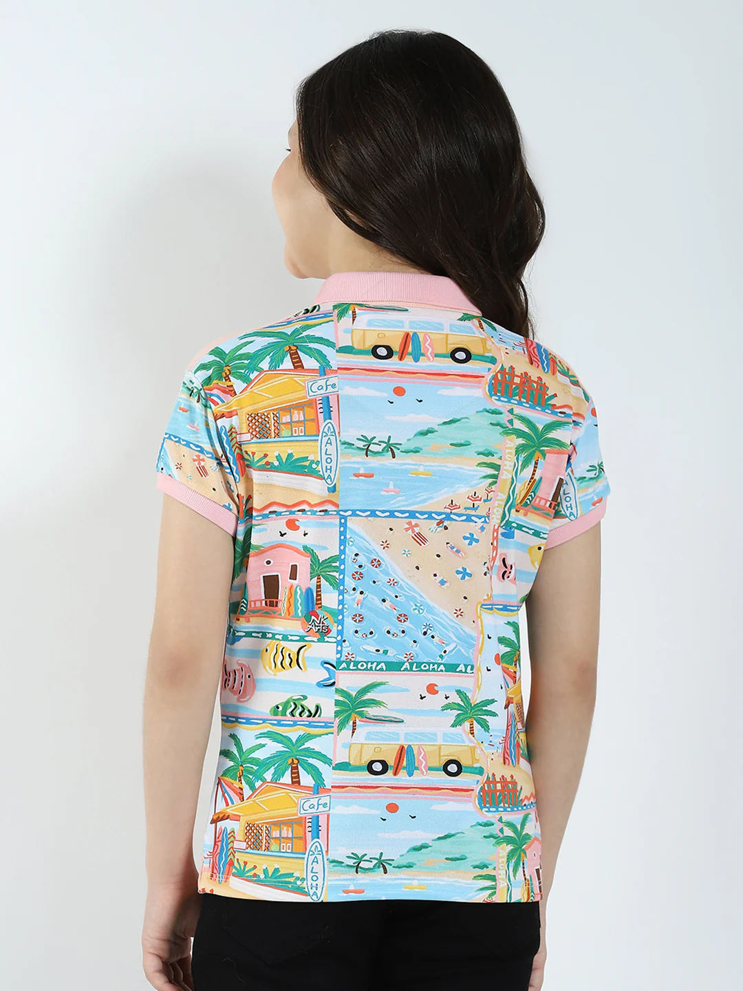 Girls Peach Printed Collar Half Sleeve T-Shirt - Image 5