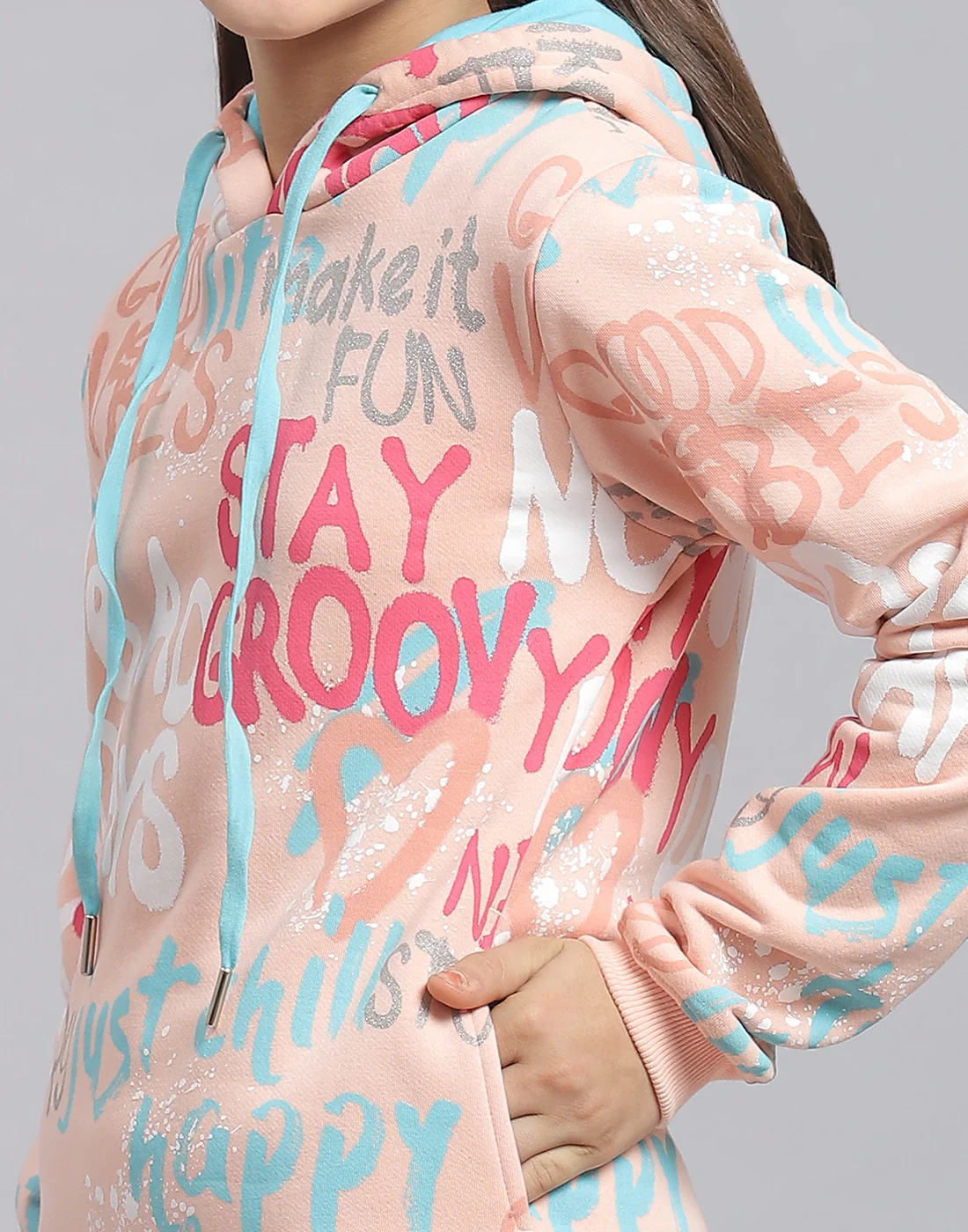 Girls Peach Printed Hooded Full Sleeve Sweatshirt - Image 6