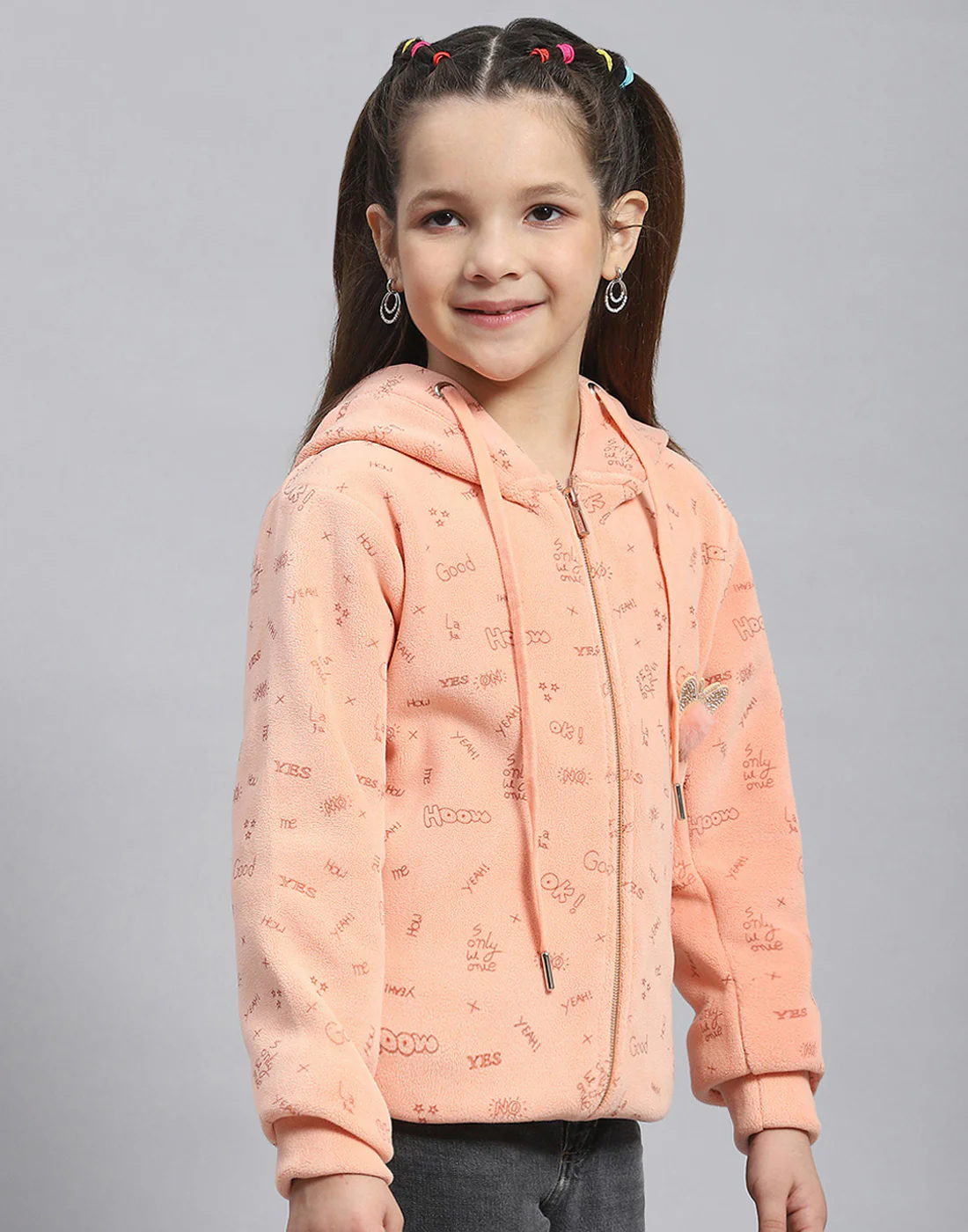 Girls Peach Printed Hooded Full Sleeve Sweatshirt - Image 4