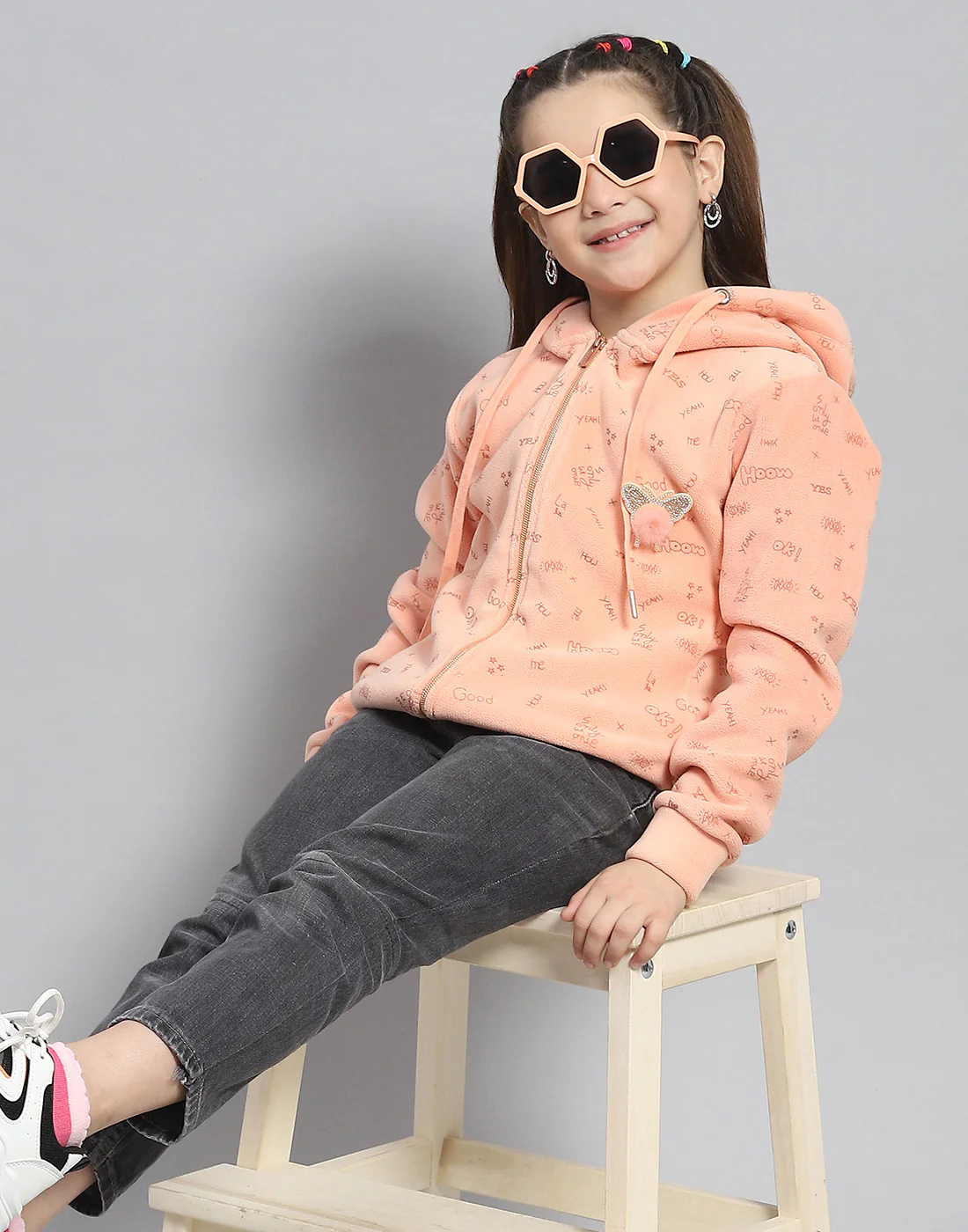 Girls Peach Printed Hooded Full Sleeve Sweatshirt - Image 6