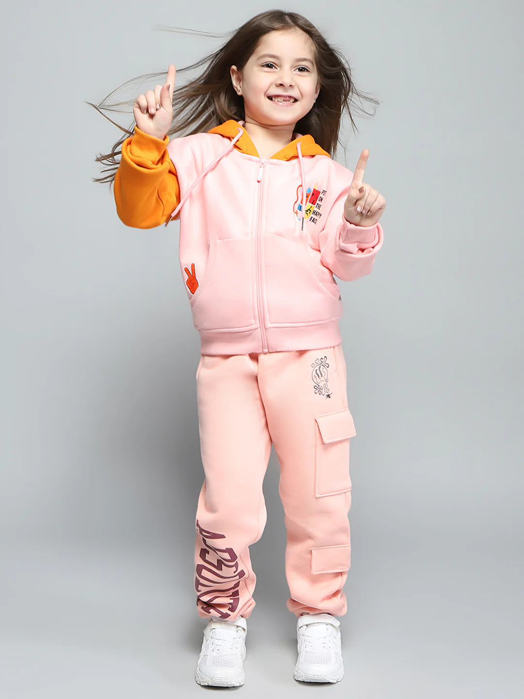 Girls Peach Printed Hooded Full Sleeve Sweatshirt - Image 2
