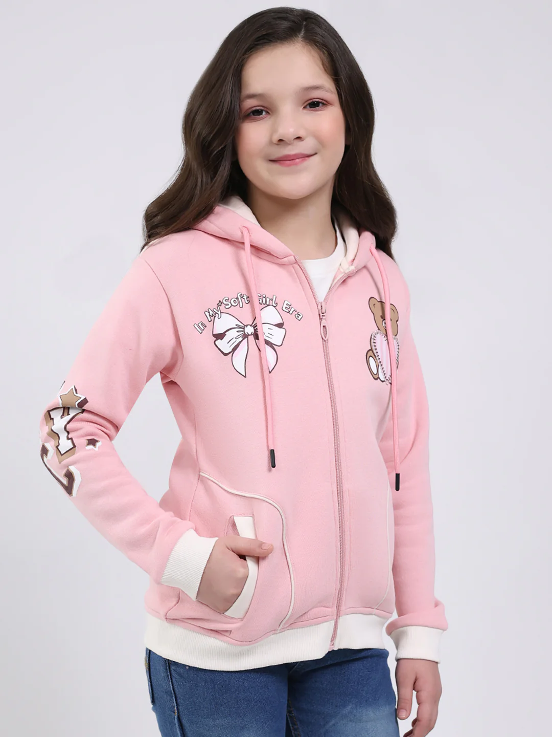 Girls Peach Printed Hooded Full Sleeve Sweatshirt - Image 4