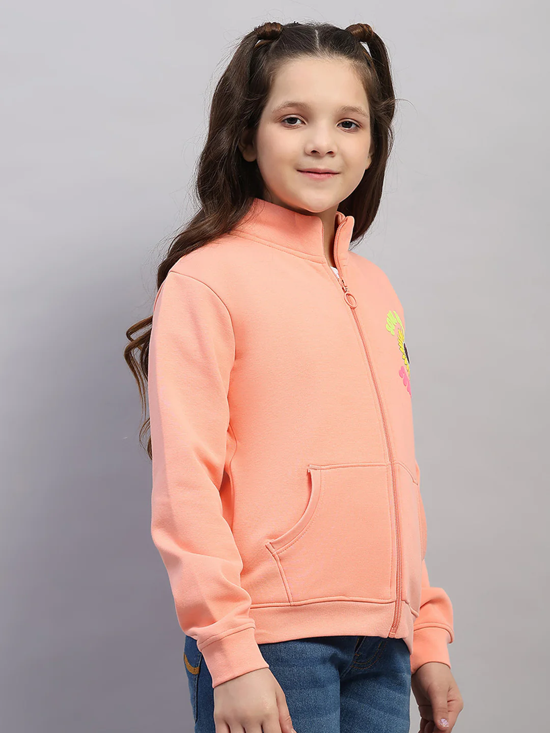 Girls Peach Printed Mock Neck Full Sleeve Sweatshirt - Image 4