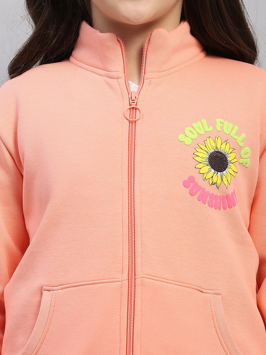 Girls Peach Printed Mock Neck Full Sleeve Sweatshirt - Image 6