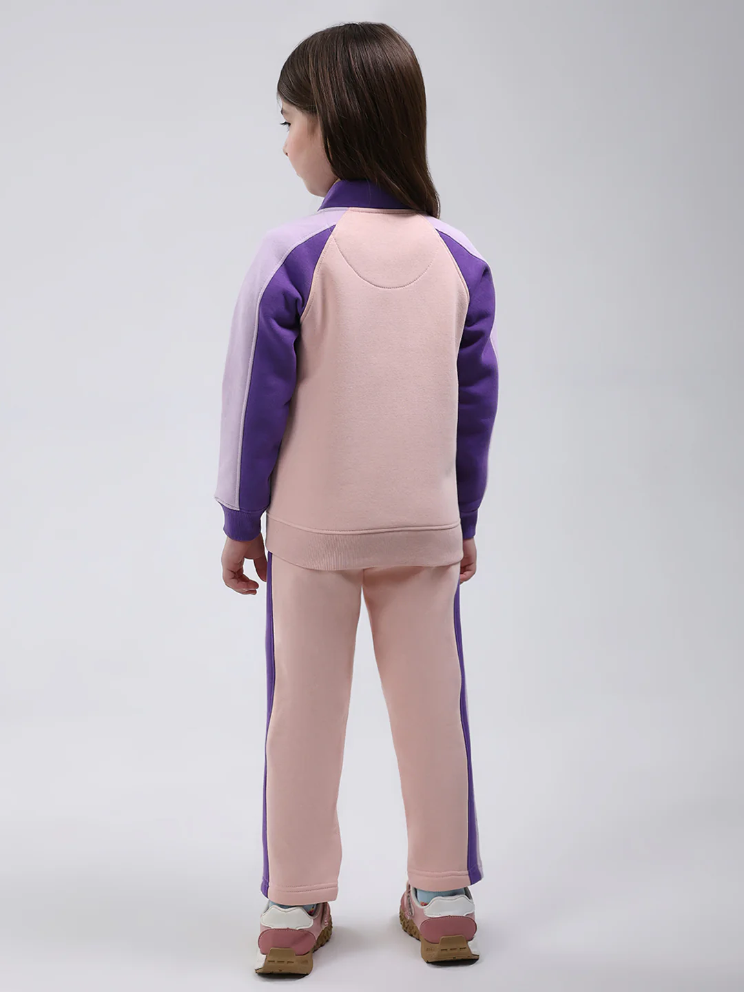 Girls Peach Printed Mock Neck Full Sleeve Tracksuit - Image 5