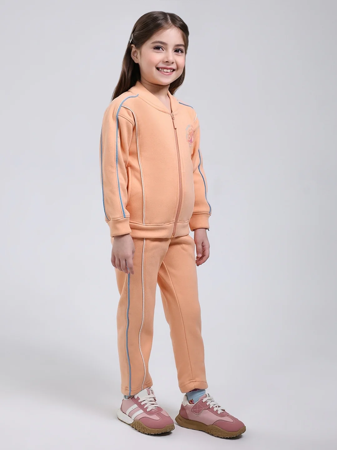 Girls Peach Printed Mock Neck Full Sleeve Tracksuit - Image 4