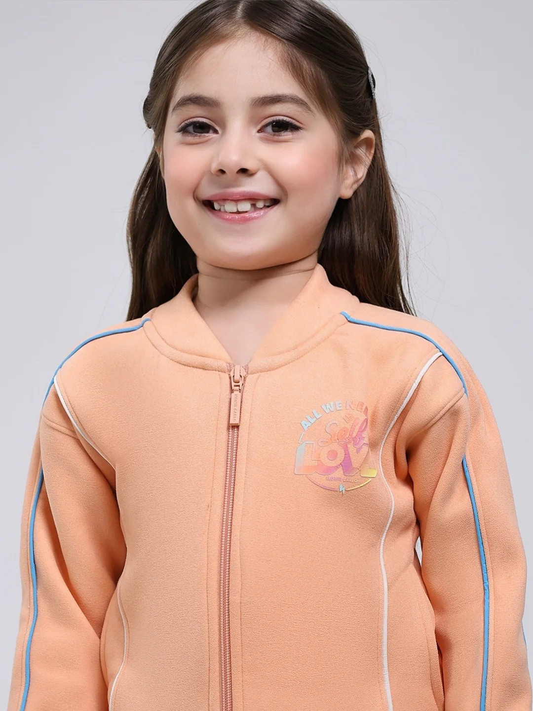 Girls Peach Printed Mock Neck Full Sleeve Tracksuit - Image 7