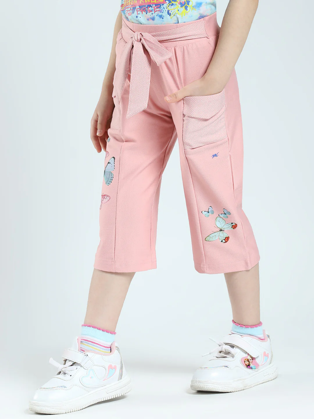 Girls Peach Printed Regular Fit Capri - Image 3