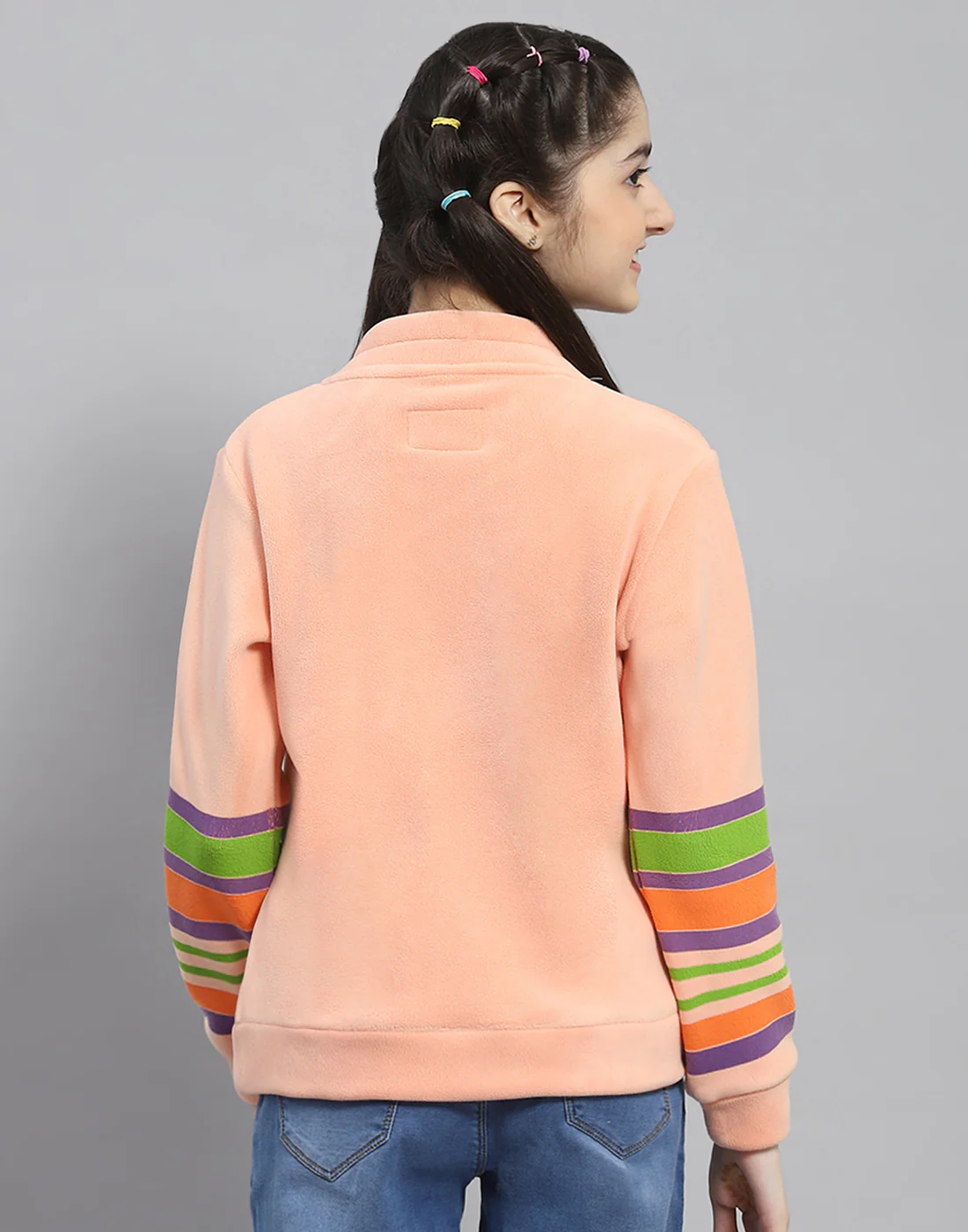 Girls Peach Printed Round Neck Full Sleeve Sweatshirt - Image 5