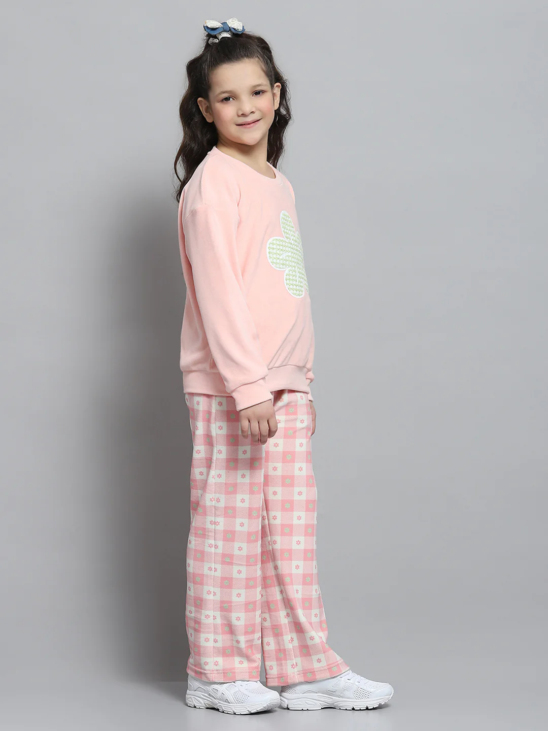 Girls Peach Printed Round Neck Full Sleeve Tracksuit - Image 4