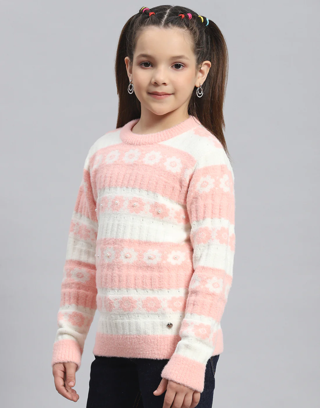 Girls Peach Self Design Round Neck Full Sleeve Sweater - Image 3
