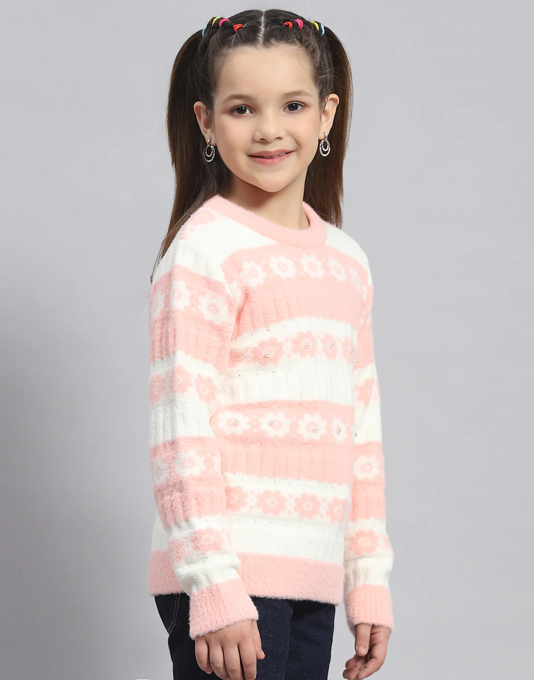 Girls Peach Self Design Round Neck Full Sleeve Sweater - Image 4