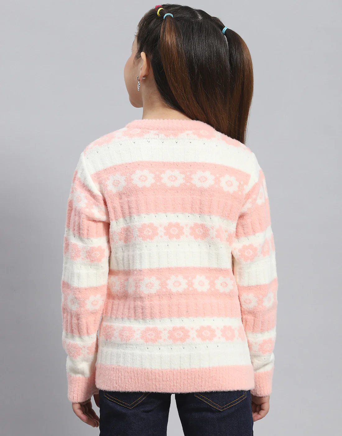 Girls Peach Self Design Round Neck Full Sleeve Sweater - Image 5