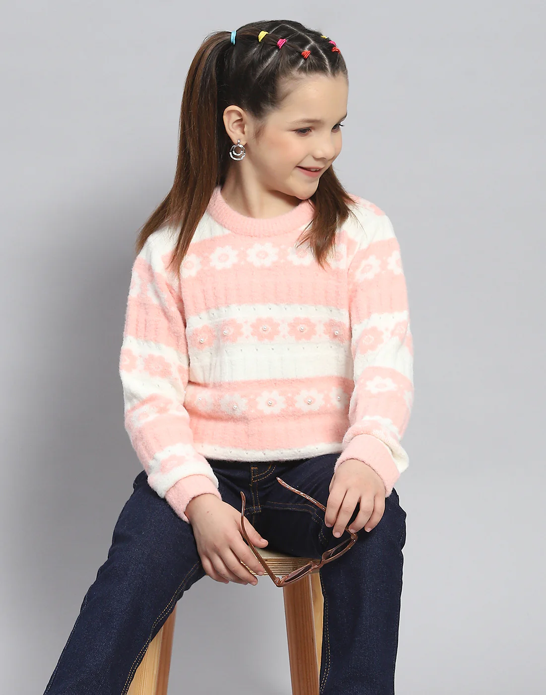 Girls Peach Self Design Round Neck Full Sleeve Sweater - Image 6