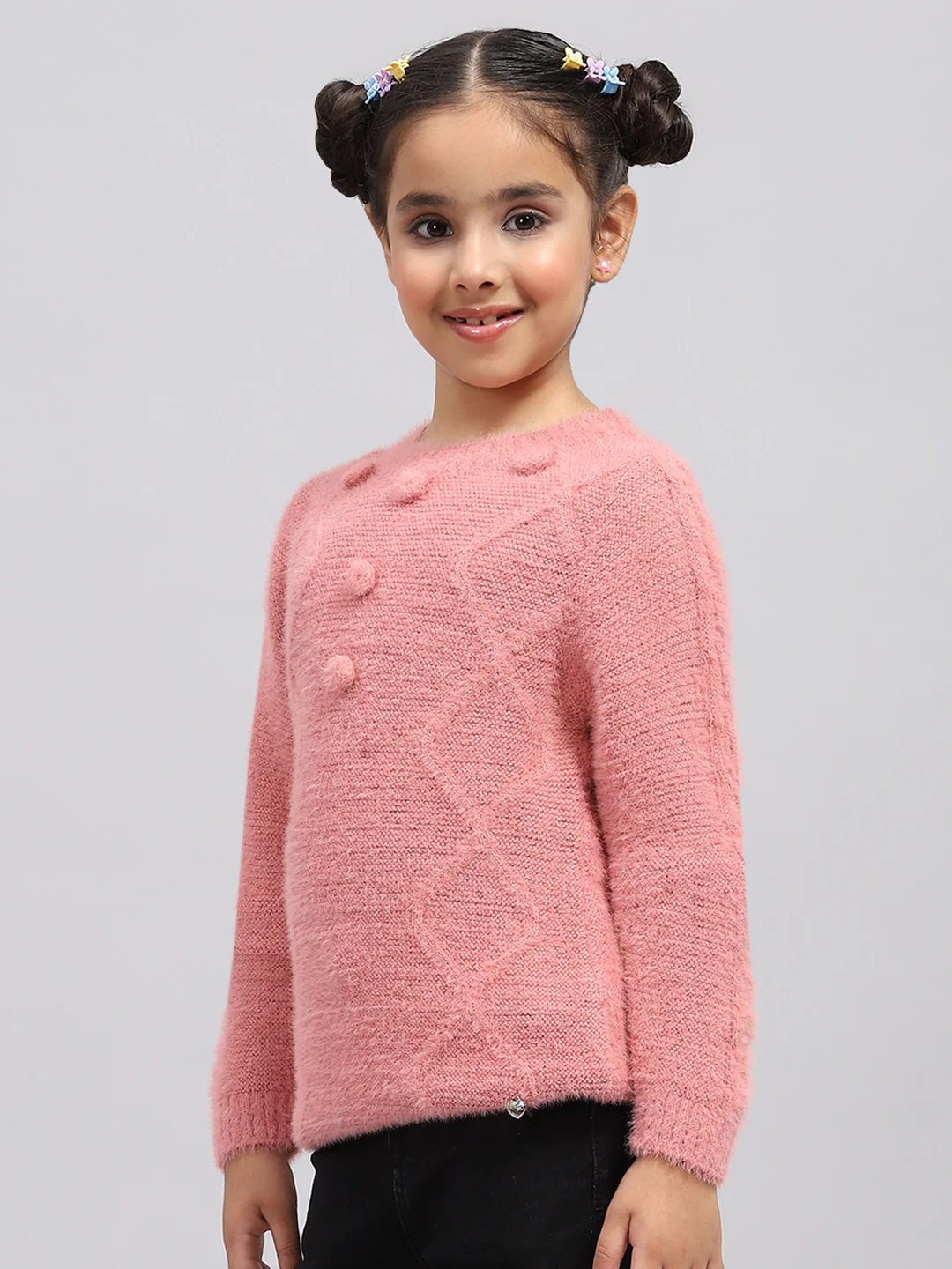 Girls Peach Self Design Round Neck Full Sleeve Winter Top - Image 3