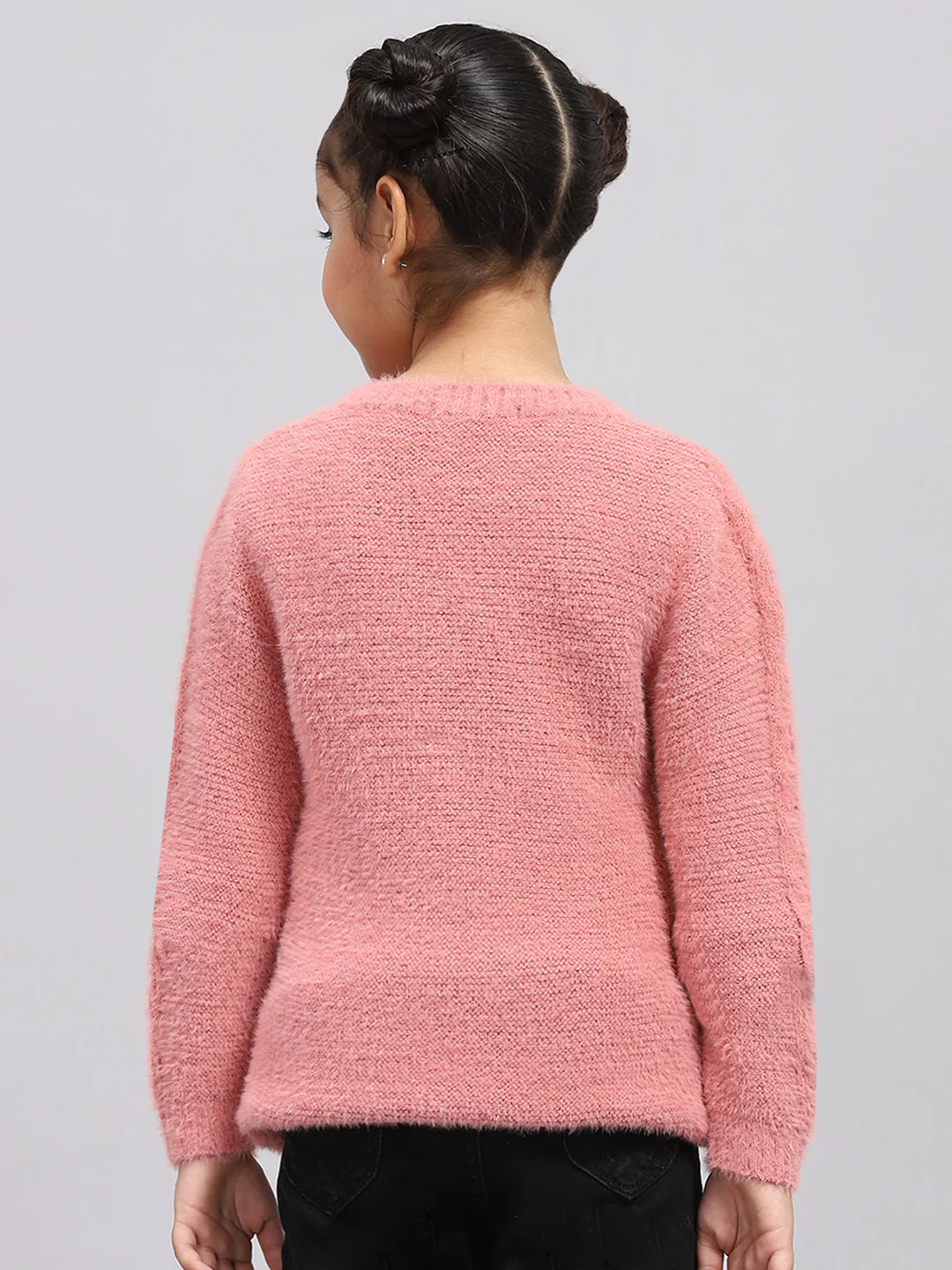 Girls Peach Self Design Round Neck Full Sleeve Winter Top - Image 5