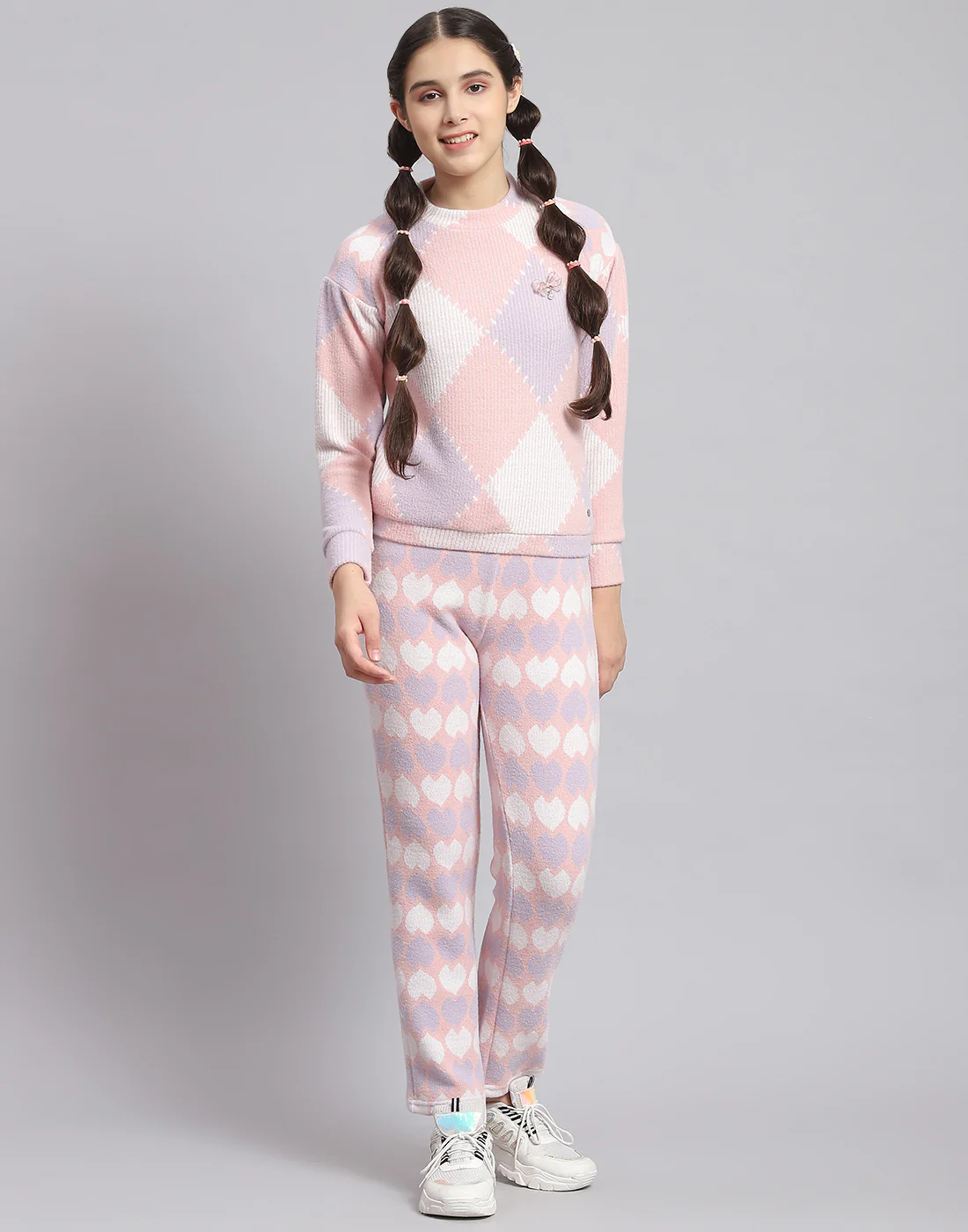 Girls Peach Self Design T Neck Full Sleeve Cords Set - Image 3