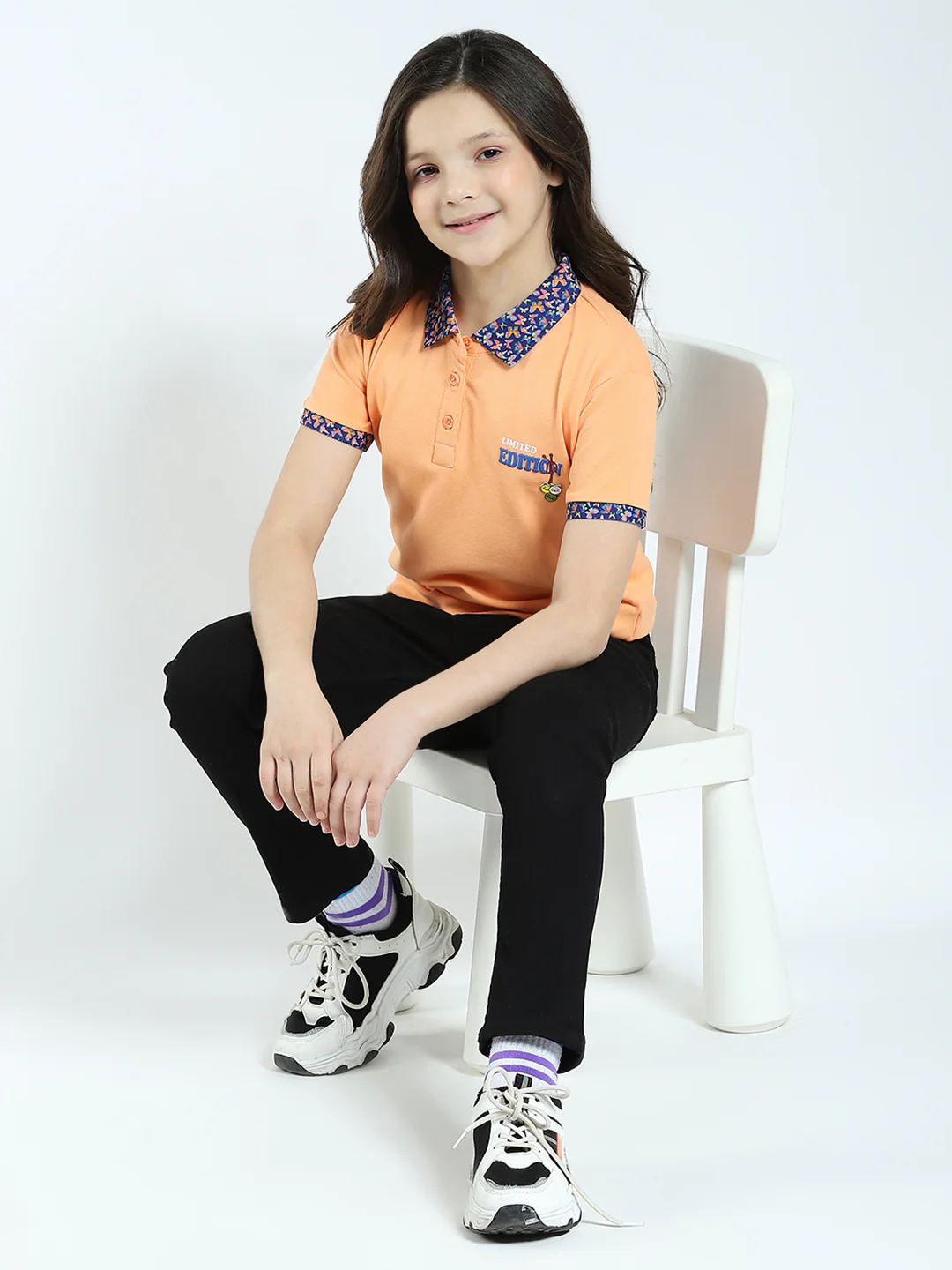 Girls Peach Solid Collar Half Sleeve T-Shirt - Image 2