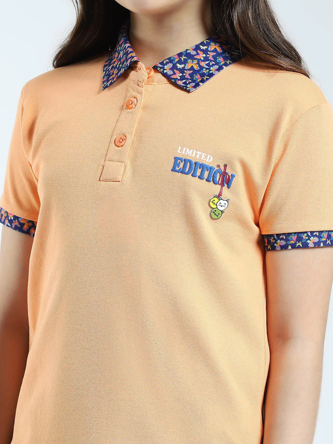 Girls Peach Solid Collar Half Sleeve T-Shirt - Image 6