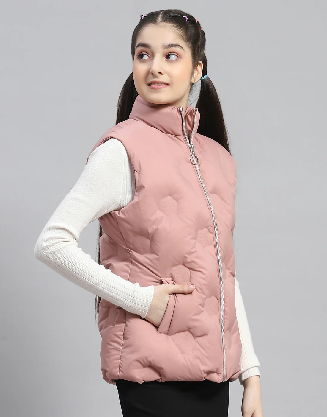 Girls Peach Solid Stand Collar Sleeveless Girls Jacket - Image 4