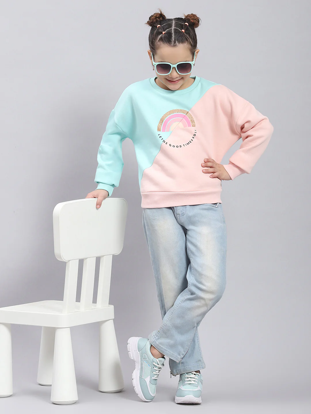 Girls Pink & Blue Printed Round Neck Full Sleeve Sweatshirt - Image 2