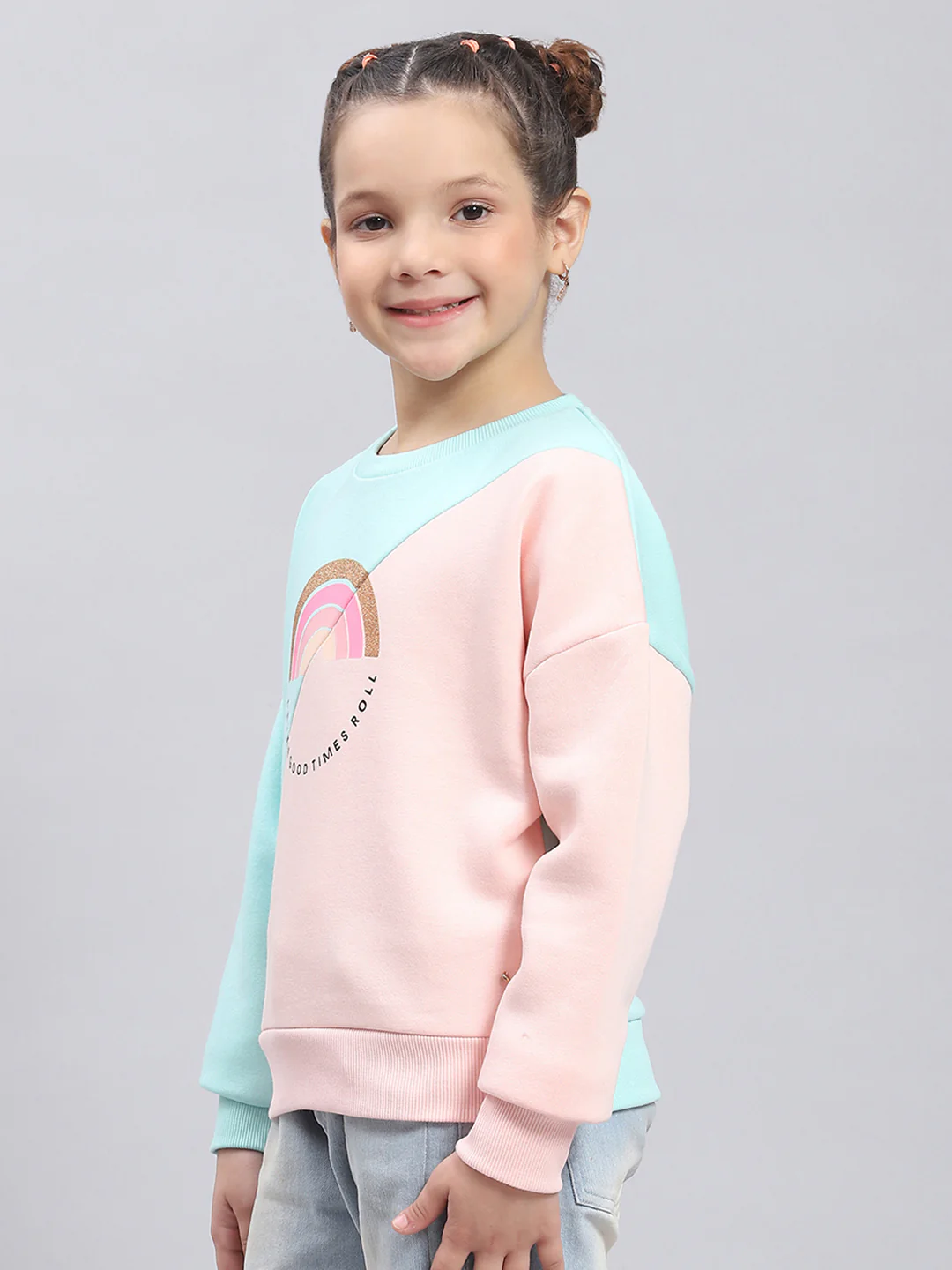 Girls Pink & Blue Printed Round Neck Full Sleeve Sweatshirt - Image 3