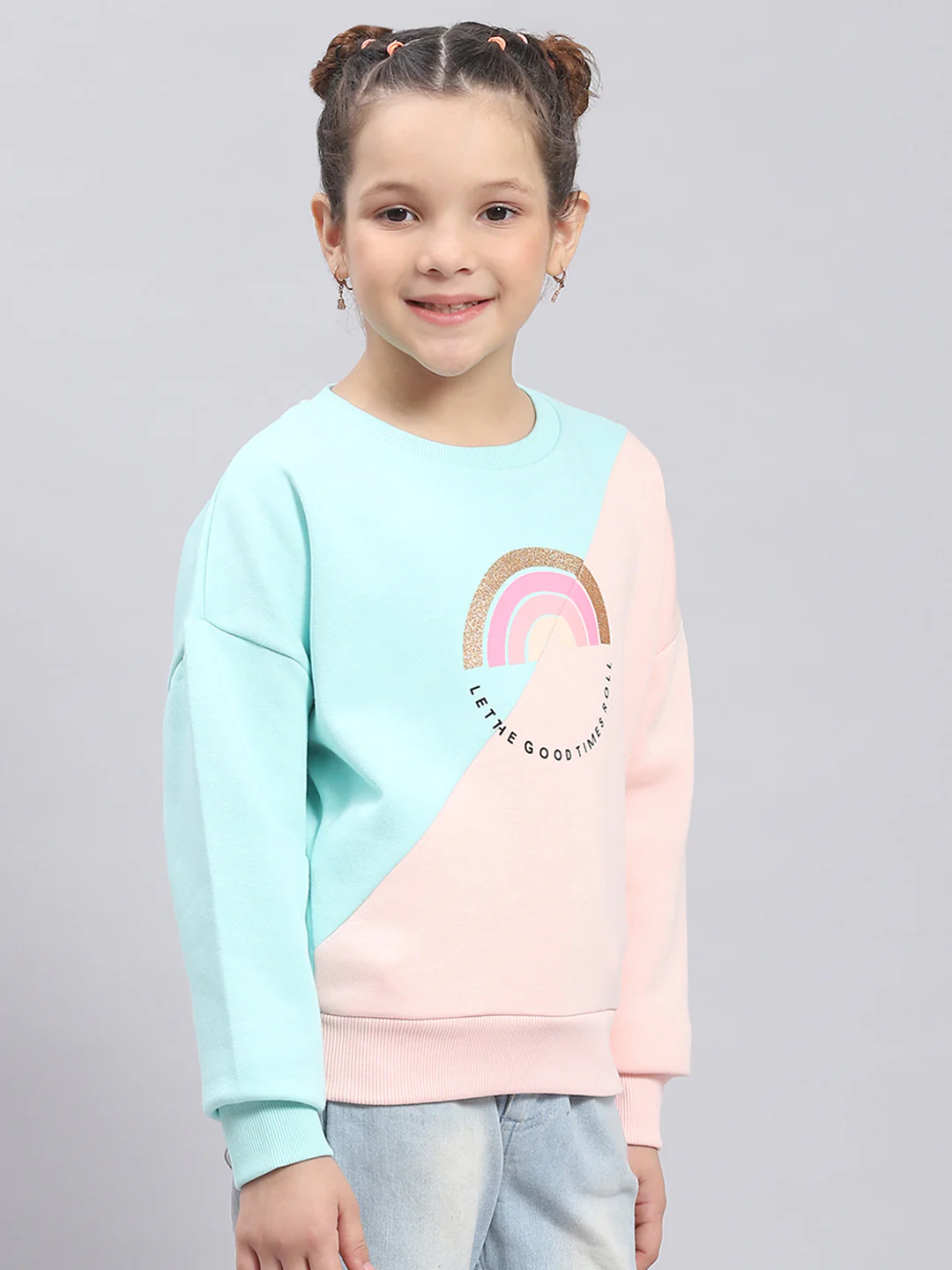 Girls Pink & Blue Printed Round Neck Full Sleeve Sweatshirt - Image 4
