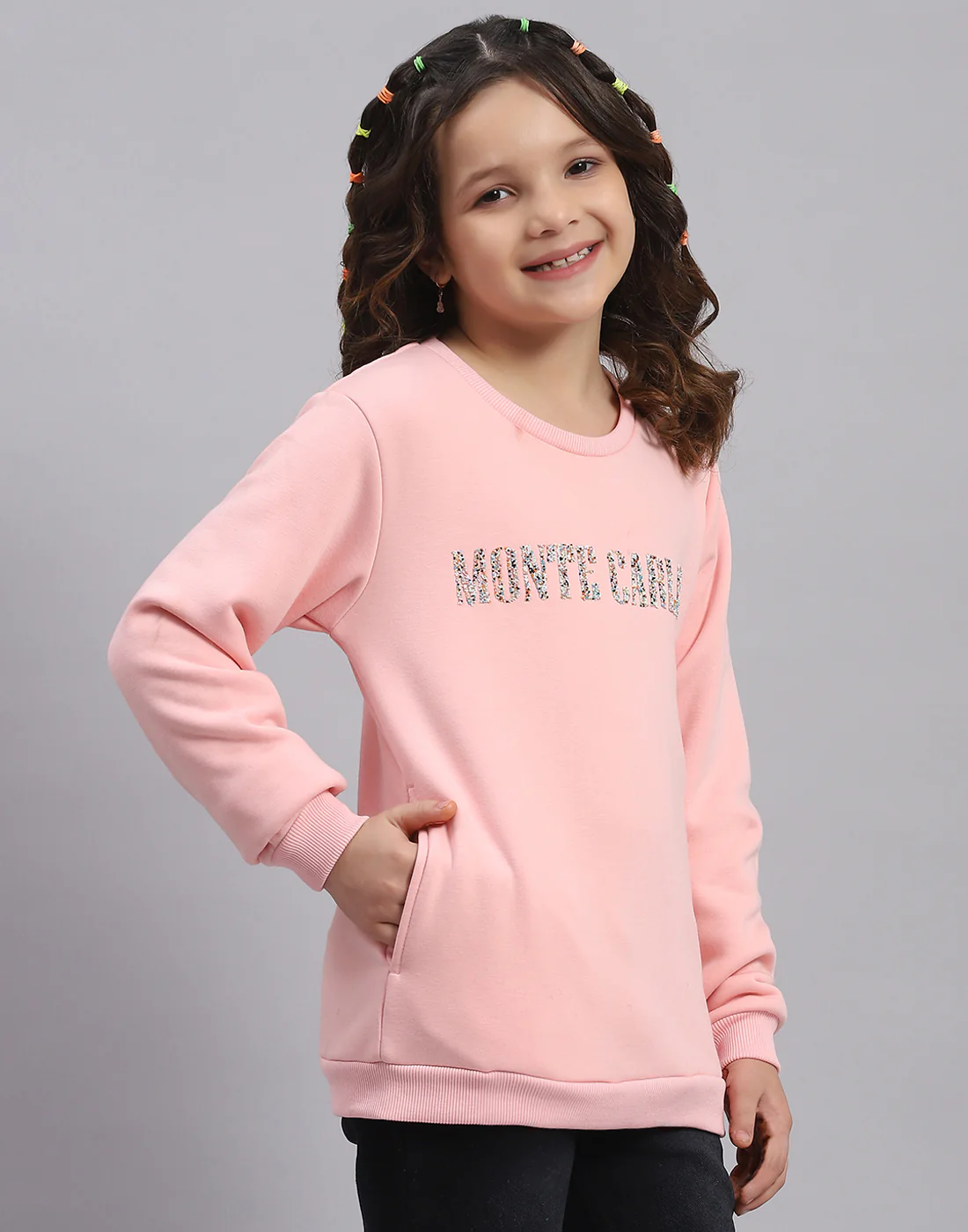 Girls Pink Embellished Round Neck Full Sleeve Sweatshirt - Image 4