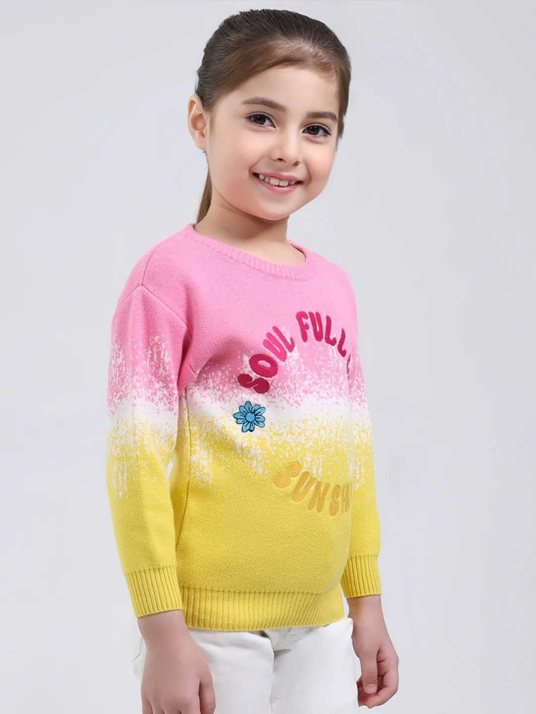 Girls Pink Embroidered Round Neck Full Sleeve Pullover - Image 4
