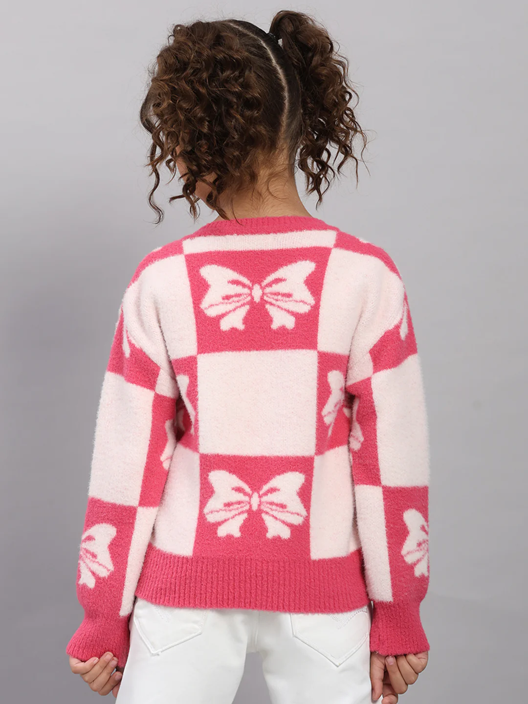 Girls Pink Embroidered Round Neck Full Sleeve Pullover - Image 5