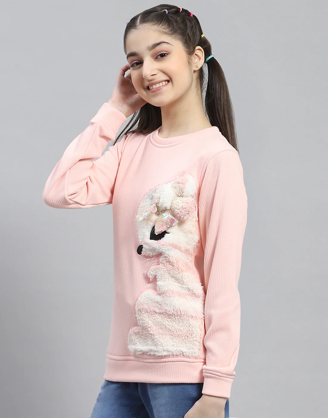 Girls Pink Embroidered Round Neck Full Sleeve Sweatshirt - Image 3
