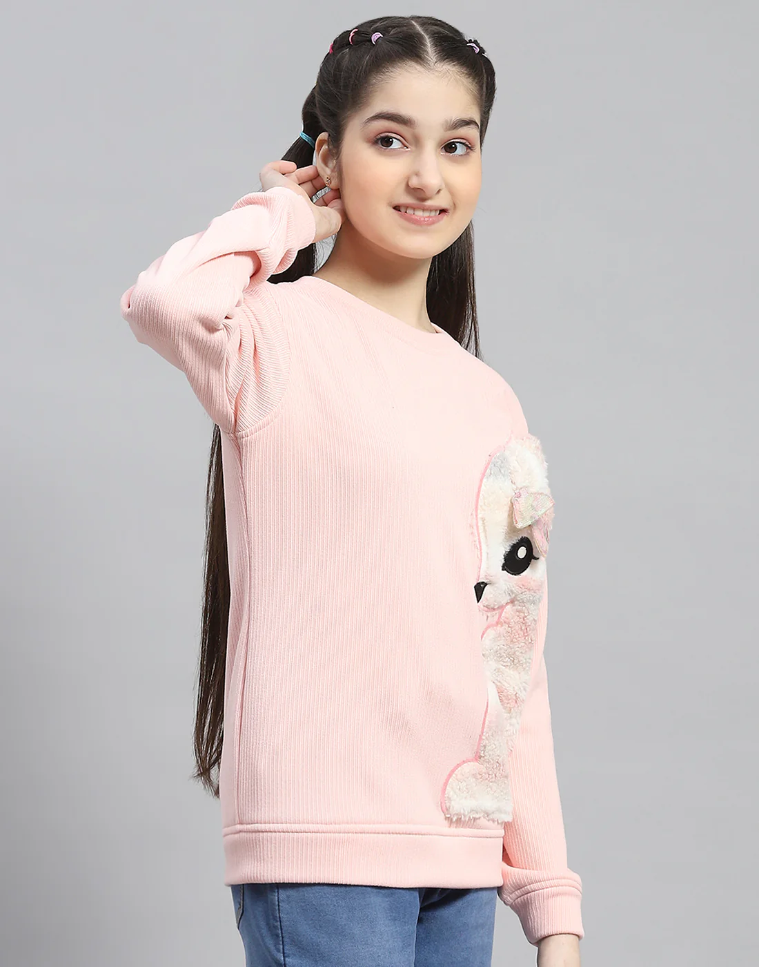 Girls Pink Embroidered Round Neck Full Sleeve Sweatshirt - Image 4
