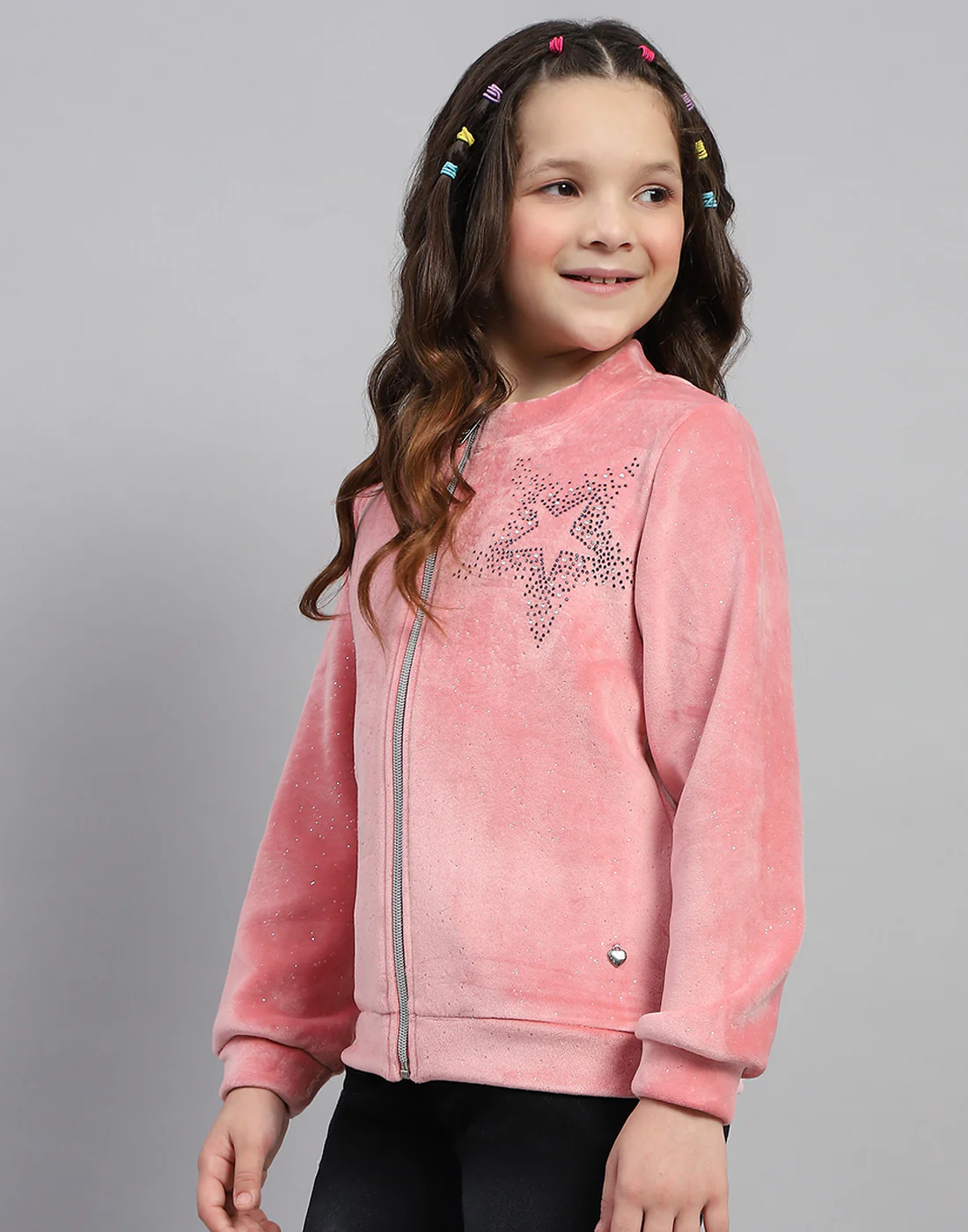 Girls Pink Embroidered Round Neck Full Sleeve Sweatshirt - Image 3