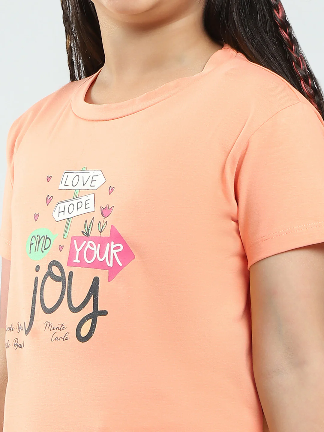 Girls Pink & Peach Printed Round Neck Half Sleeve Top 2Pc Set - Image 10