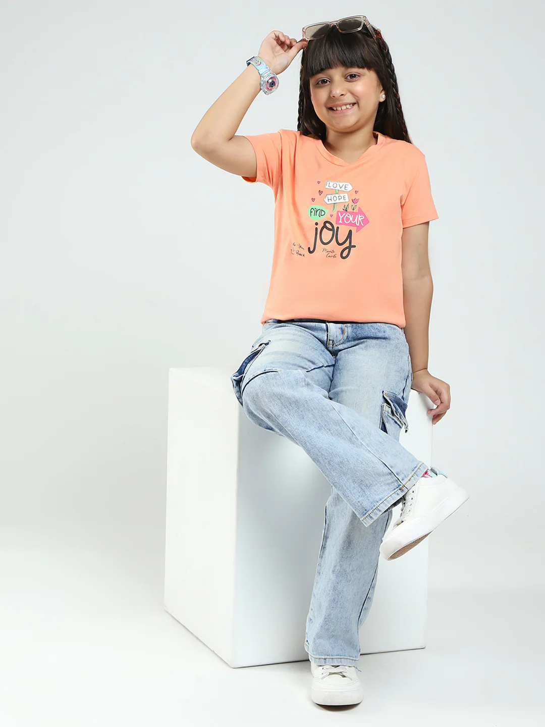 Girls Pink & Peach Printed Round Neck Half Sleeve Top 2Pc Set - Image 2