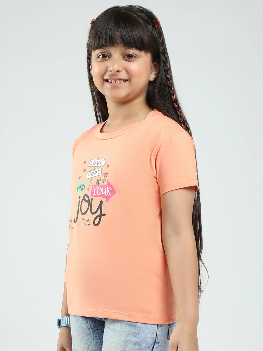 Girls Pink & Peach Printed Round Neck Half Sleeve Top 2Pc Set - Image 4