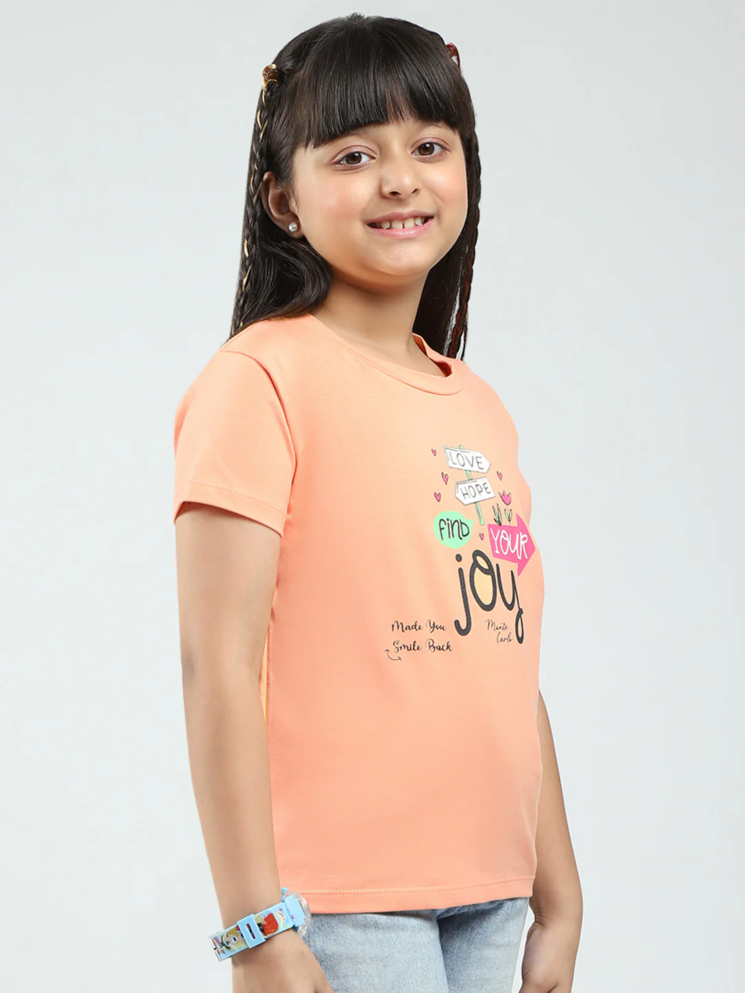 Girls Pink & Peach Printed Round Neck Half Sleeve Top 2Pc Set - Image 5