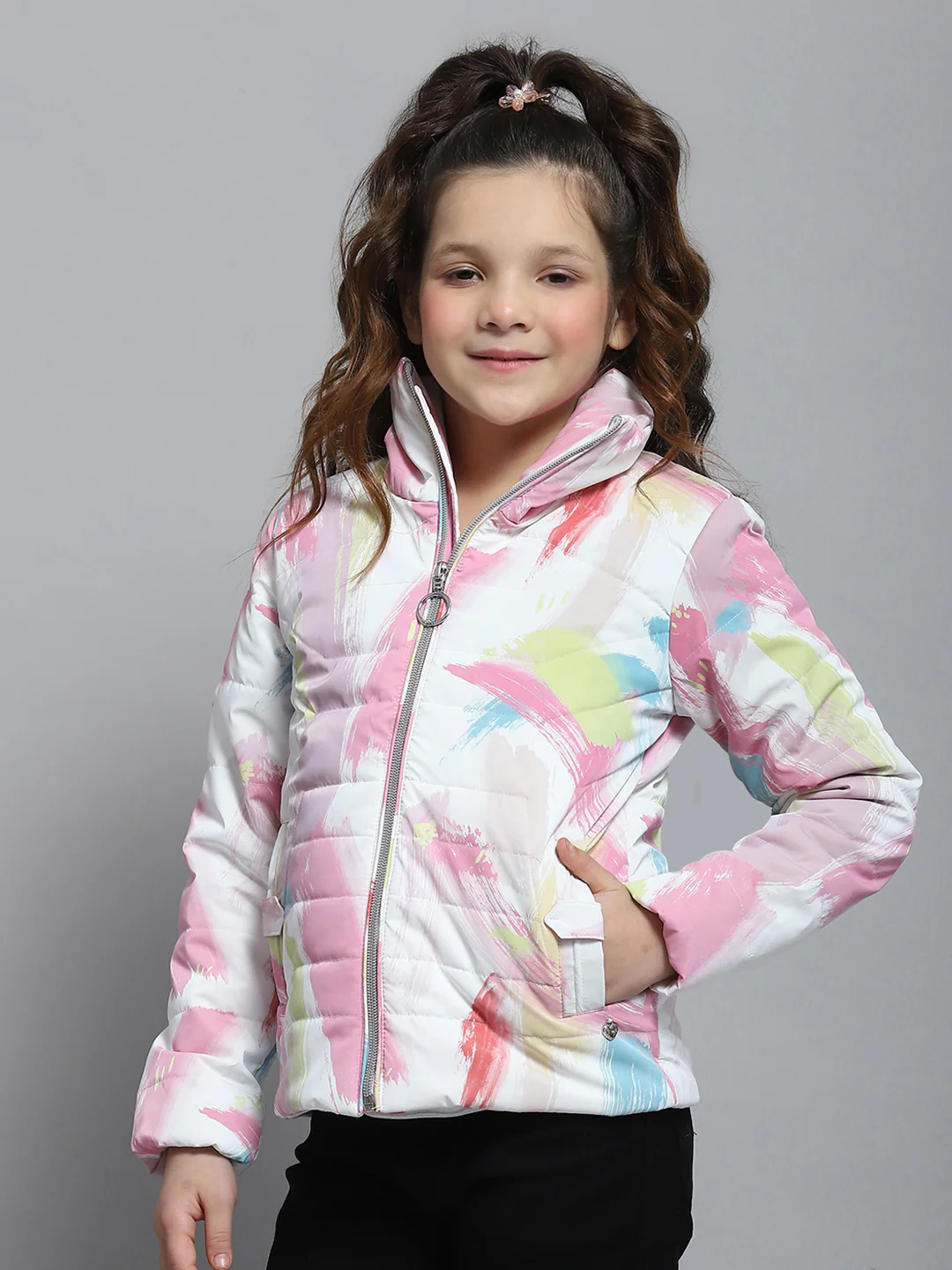 Girls Pink Printed Collar Full Sleeve Jacket - Image 3